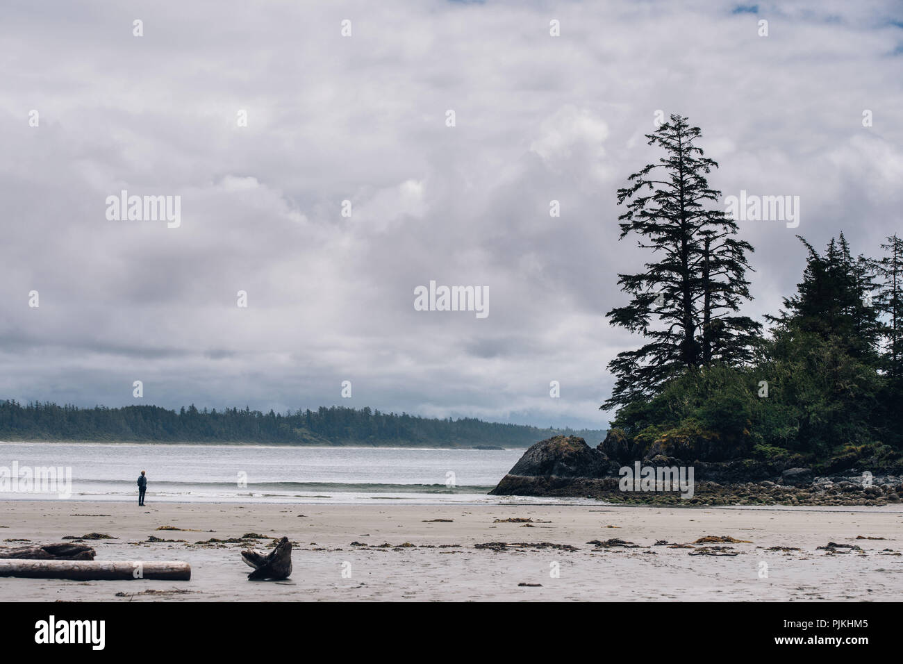 Person at Long Beach, Pacific Rim National Park, Vancouver Island, Canada Stock Photo