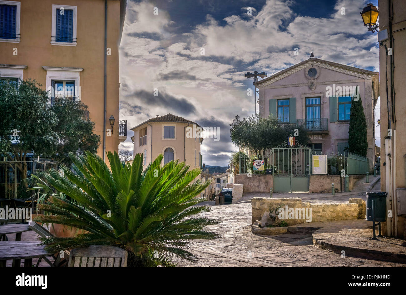 Mairie and alleys in the old village of Bages Stock Photo