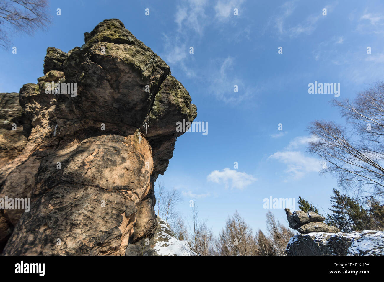 Germany, Saxony, Upper Lusatia, Zittau Mountains, Oybin, potter, sandstone formation 'brooding hen' Stock Photo