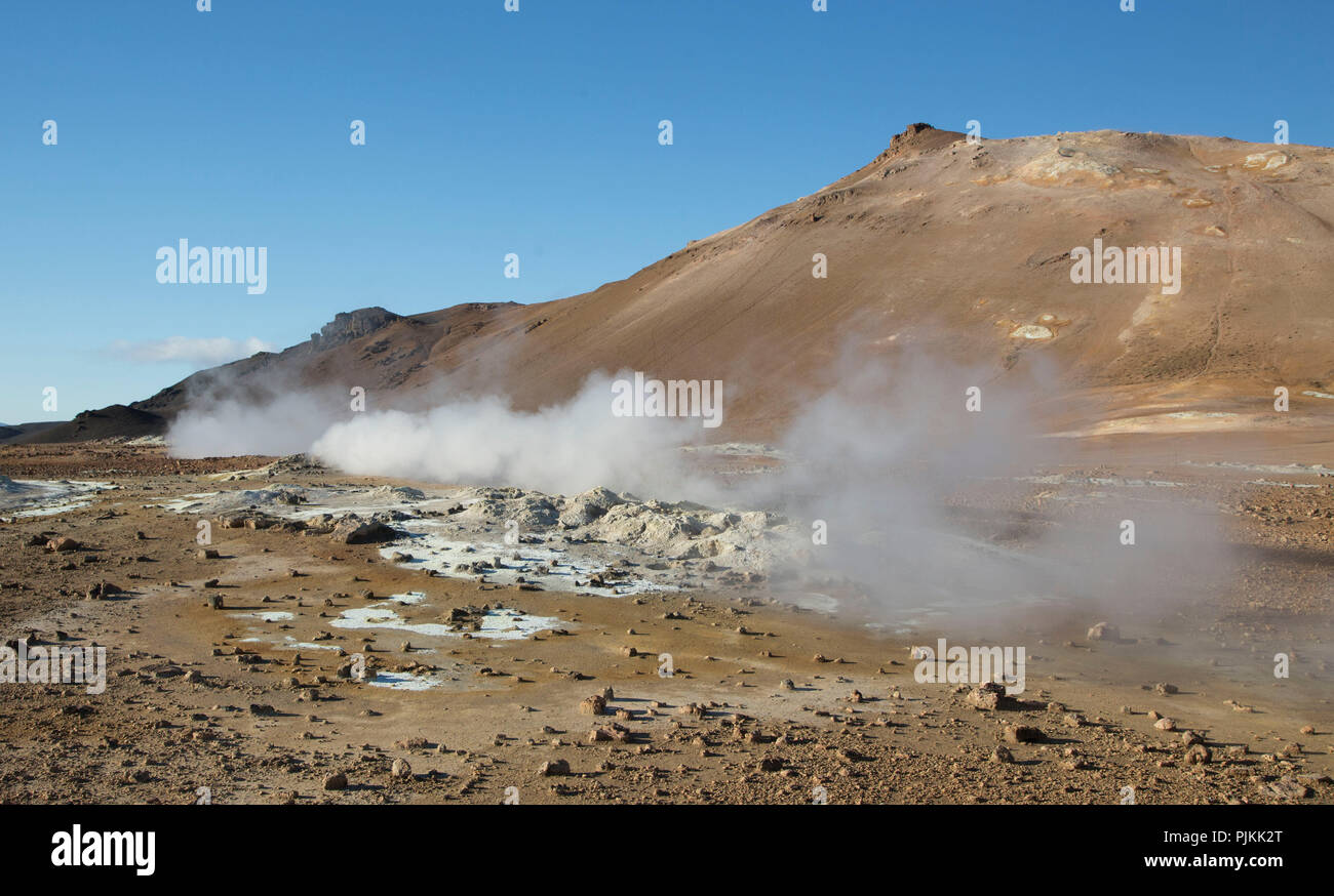Iceland, Namaskard Mountain, steam over the hot springs, thermal springs Stock Photo