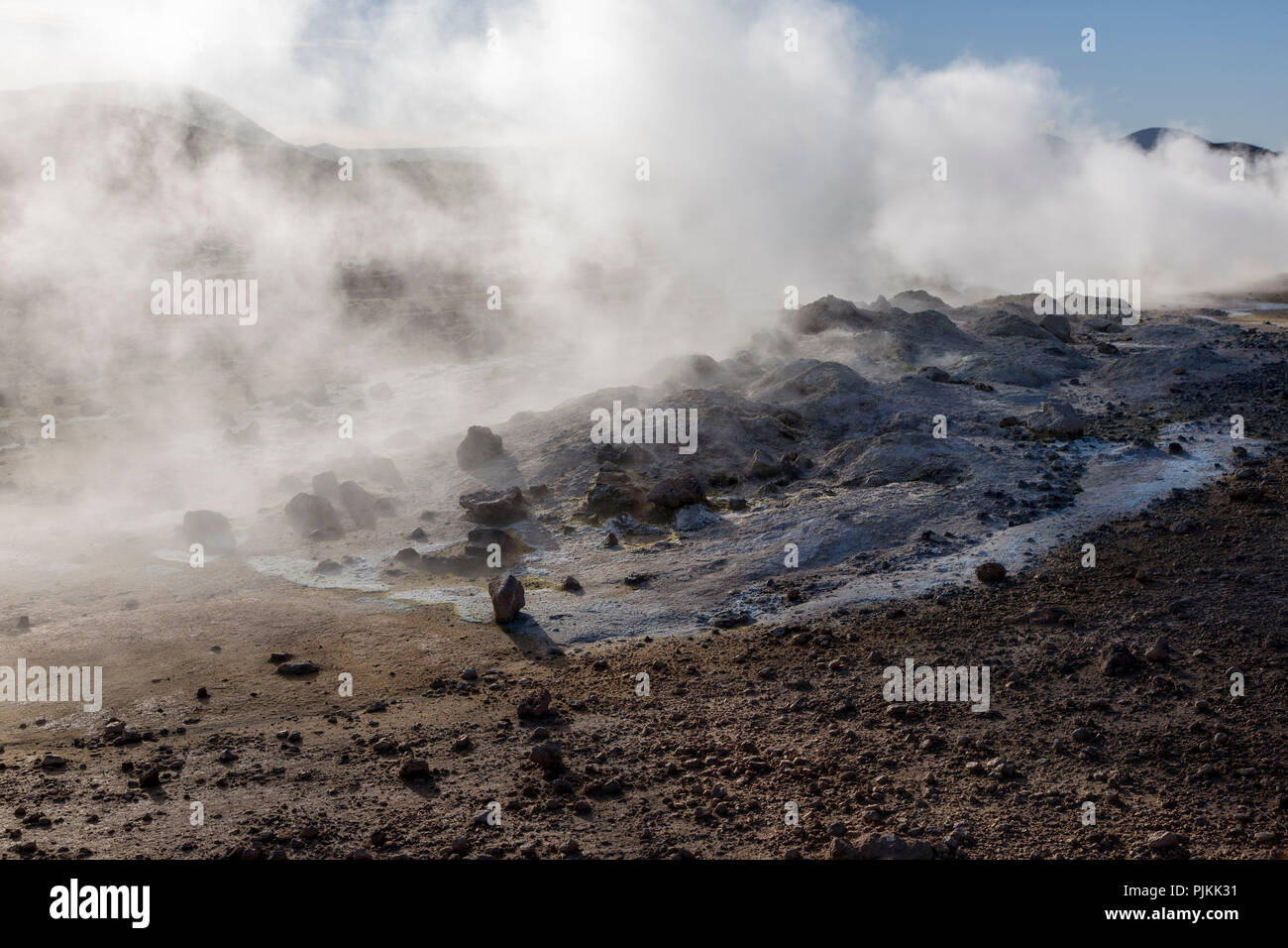 Iceland, Namaskard, steam over the hot springs, backlight, thermal springs Stock Photo