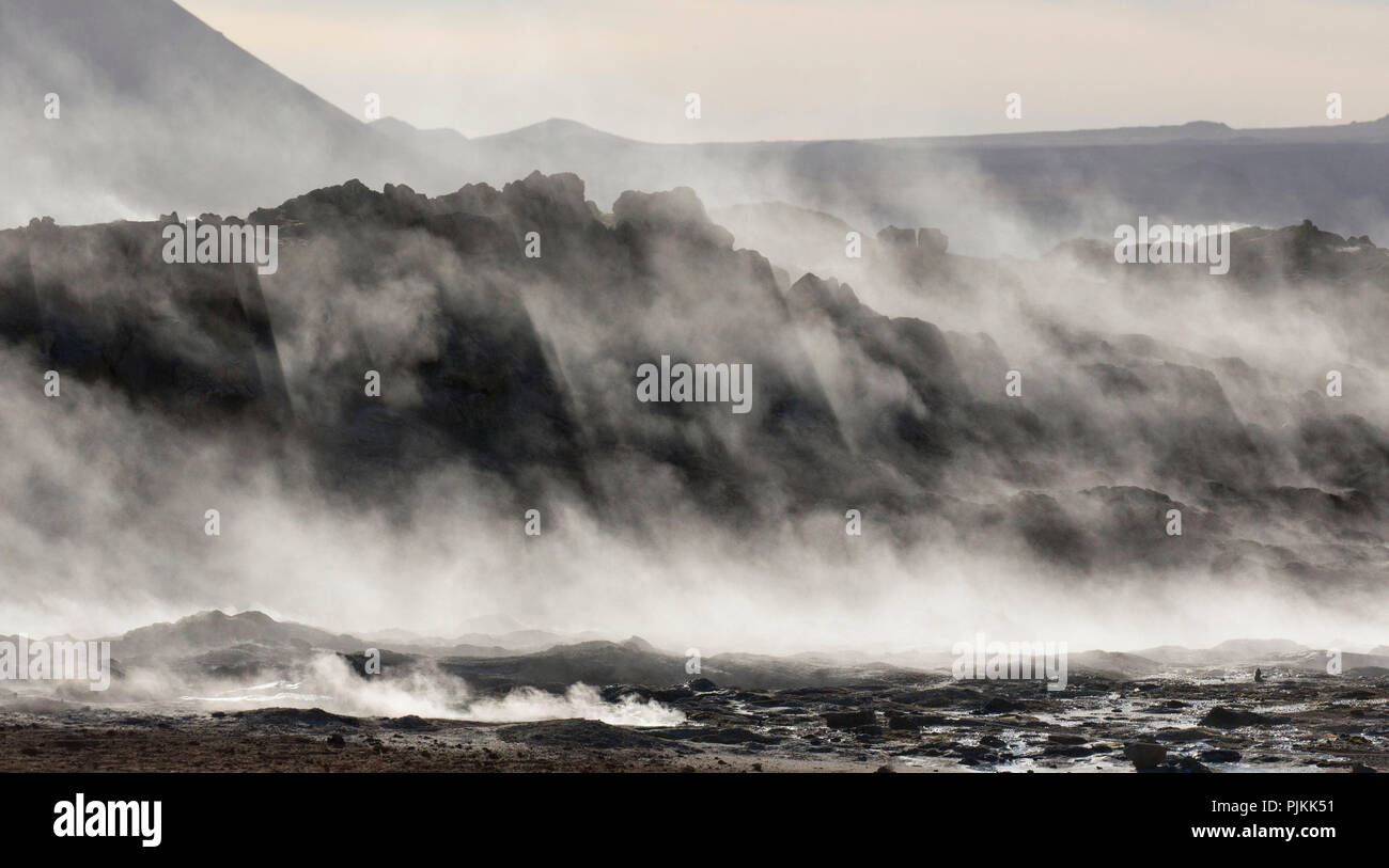 Iceland, Steaming lava field, Hverfell / Hverfjall, Sunbeams in backlight Stock Photo