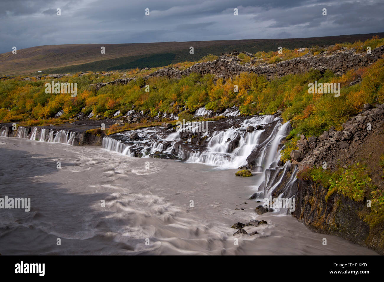 Iceland, Barnafoss, West Iceland, autumn colors, cloudy mood, cloudy meltwater, Stock Photo