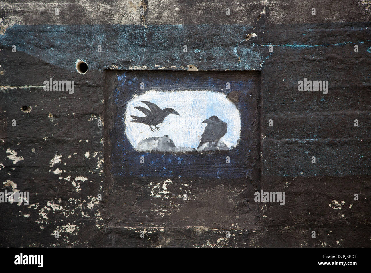 Iceland, witchcraft museum, Holmavik, mural of two ravens, Odin's ravens Hugin and Munin, Stock Photo