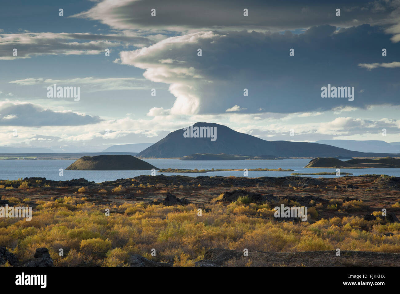 Iceland, Myvatn Lake, evening sun with pseudocraters in the lake, blue water, autumnal mood Stock Photo