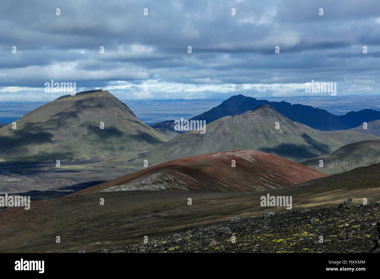 Iceland, Fjallabak, view into the highlands, colored mountains, clouds Stock Photo