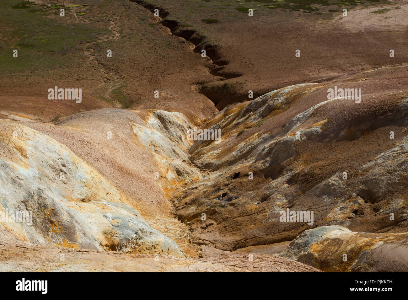 Iceland, colorful slopes at the volcano Leirhnjúkur in the Krafla area, sulfur deposits, hot springs, Stock Photo