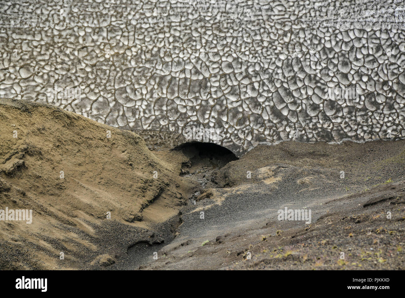 Iceland, Fjallabak, snow field, old snow on lava sand, covered with