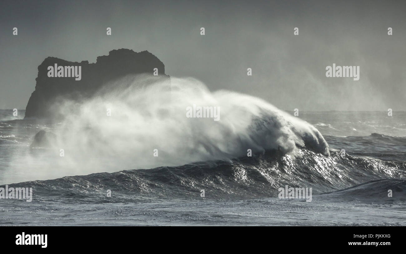 Iceland, stormy sea at Kirkjufjara Beach, Stock Photo