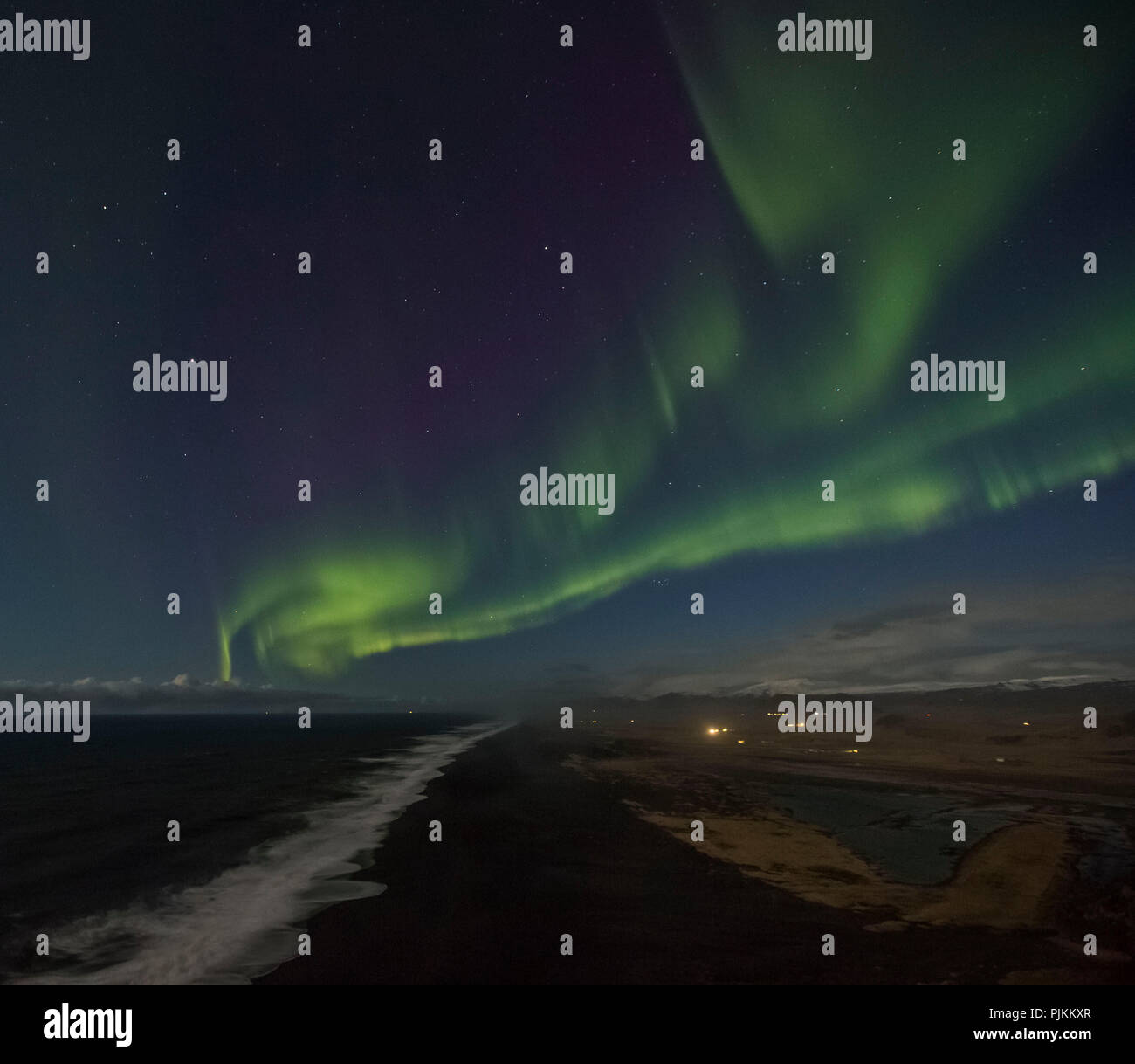 Iceland, Aurora Borealis, Northern Lights, starry sky, Night, Cape Dyrhólaey, Beach, Stock Photo