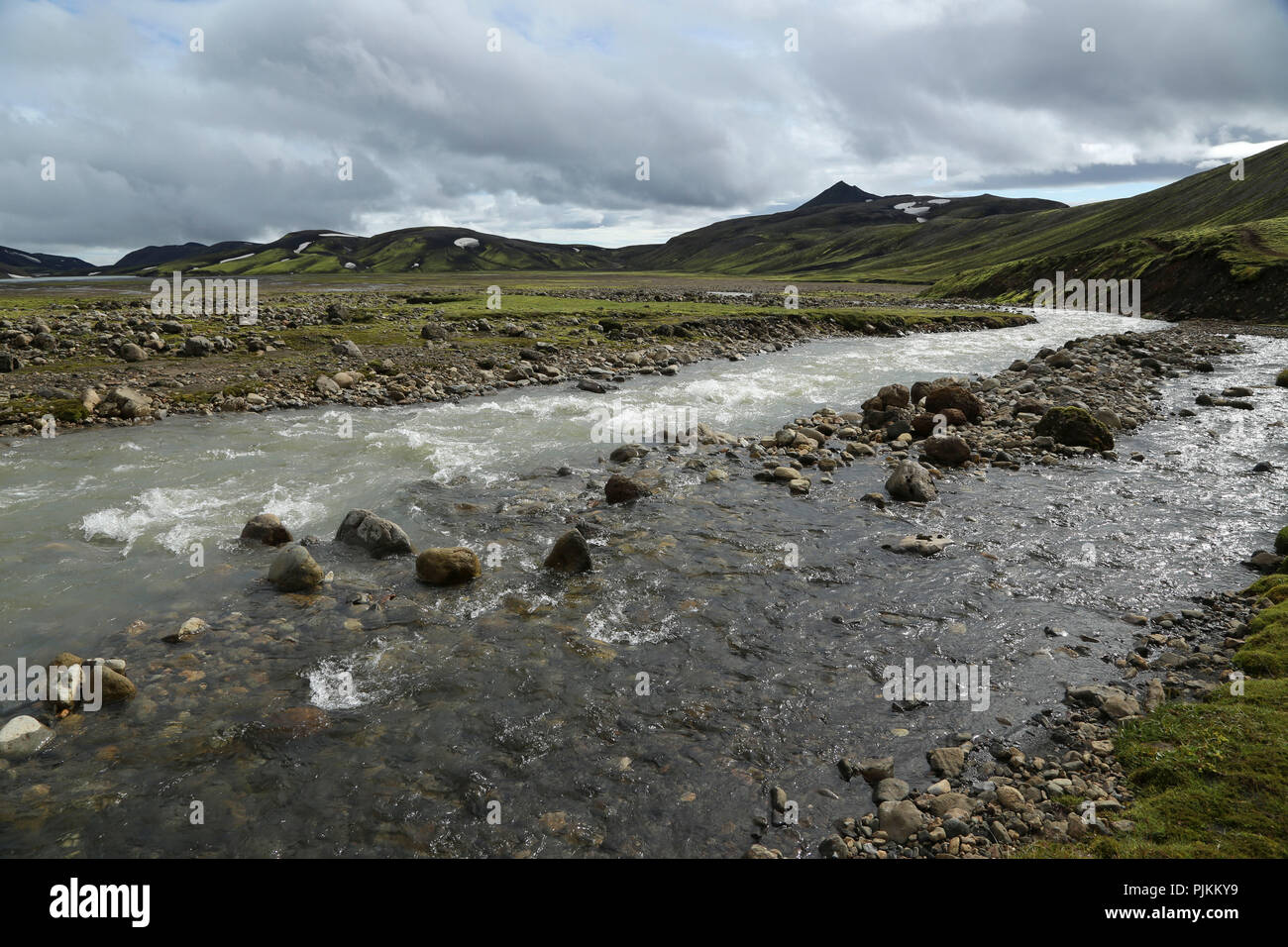 Iceland, Fjallabak, Holmsa River, Holmsarbotnar Moorland, green mountainsides, sunshine, Stock Photo