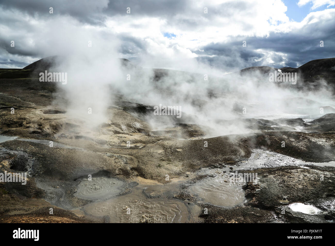 Iceland, hot springs, steam, high temperature zone, backlight Stock Photo
