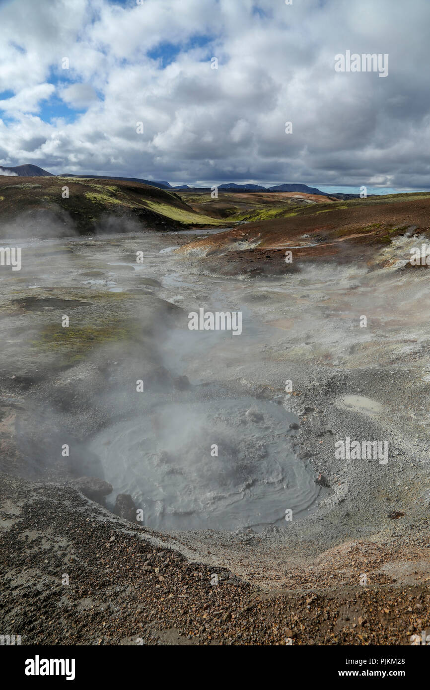 Iceland, rhyolite mountains, bubbling hot springs, steam clouds, high