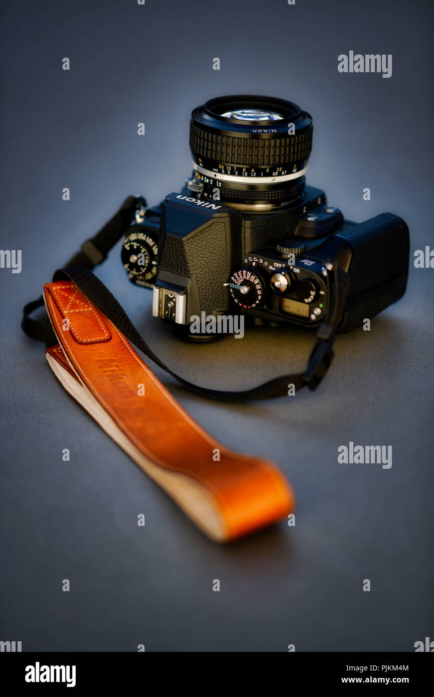 DSLR Nikon Df with Nikkor AI-S 50mm 1,2 in retro style Stock Photo