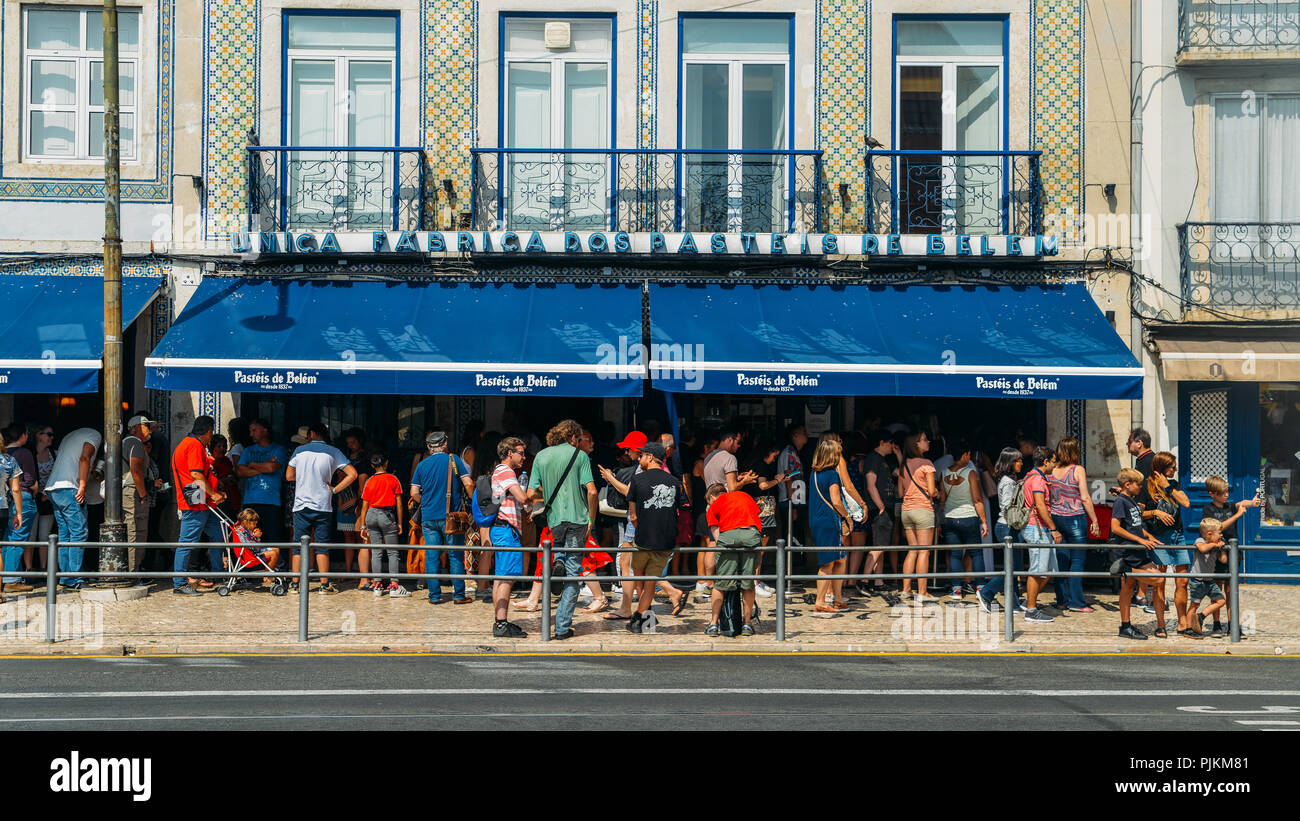 Lisbon, Portugal Sept 7, 2018 People queue in front of Pasteis de