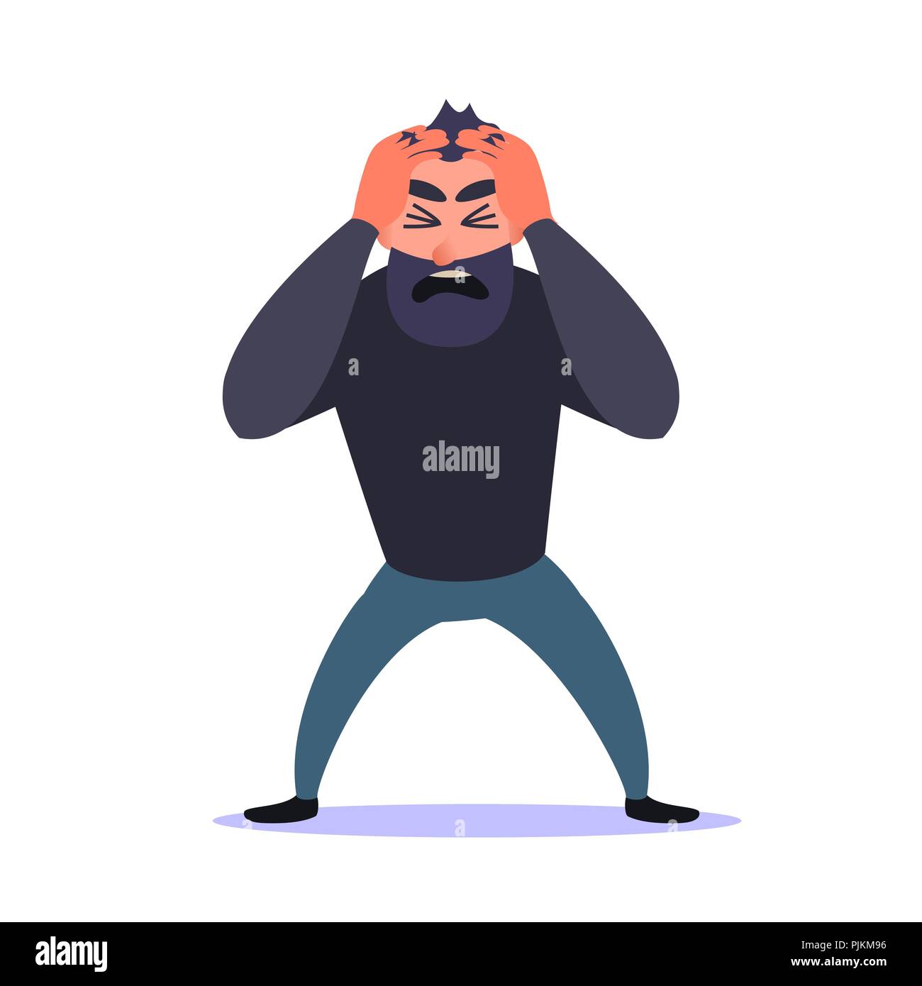 Frustrated man clings to his head and screams. Guy Anxiety disorder. Mental health problems, panic attack and headache, Cartoon character terrified, nervous depressed Stock Vector