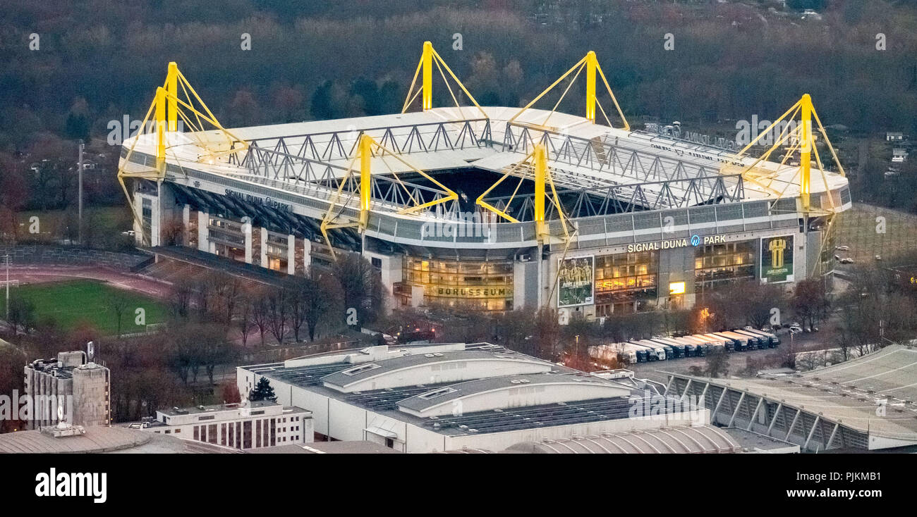 BVB Stadium, SignalIduna Park at night, twilight shot, Westfalenstadion, Bundesliga stadium, Dortmund, Ruhr area, North Rhine-Westphalia, Germany Stock Photo