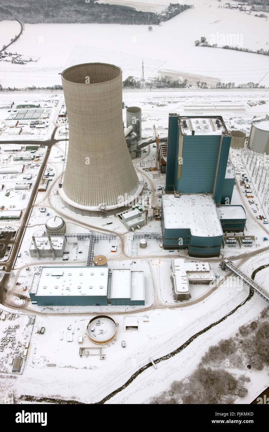 Aerial view, EON Datteln4 power station, construction freeze, winter pictures, coal power station, Datteln, Ruhr area, North Rhine-Westphalia, Germany, Europe Stock Photo