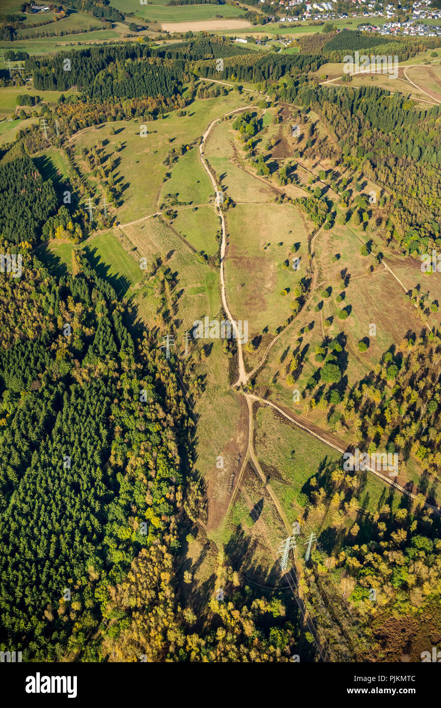 Aerial view, Trupbachheide, heathland, heaths and grasslands near Trupbach, Siegen, Siegerland, North Rhine-Westphalia, Germany Stock Photo