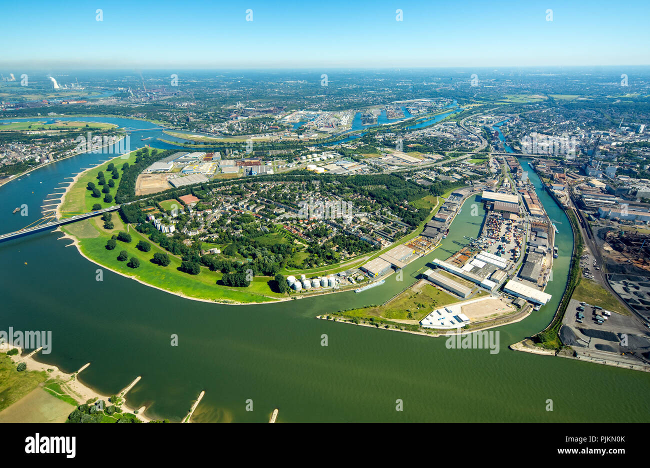 Aerial view, Kasseler Feld, groynes on Rhine, Duisburg port company, Rhine, Duisburg, Ruhr area, North Rhine-Westphalia, Germany Stock Photo
