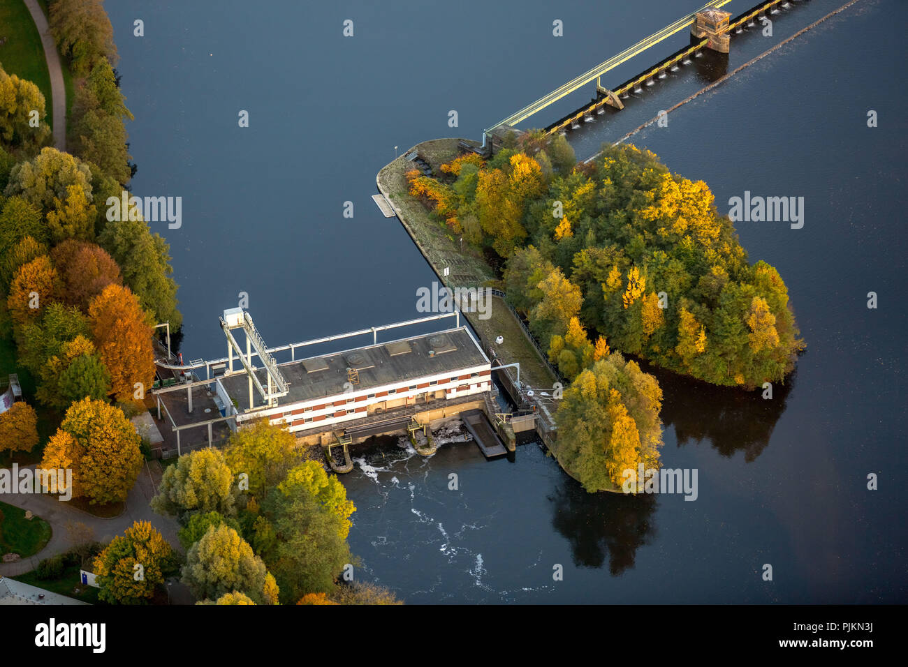 Aerial view, Ruhr confluence Volme: power plant and dam Stiftsmühle with fish ladder and lock, Friedrich-Harkort-Gymnasium and bad noise barriers to A1, Hengsteyseestraße with Ruhr, Herdecke, Ruhr area, North Rhine-Westphalia, Germany Stock Photo