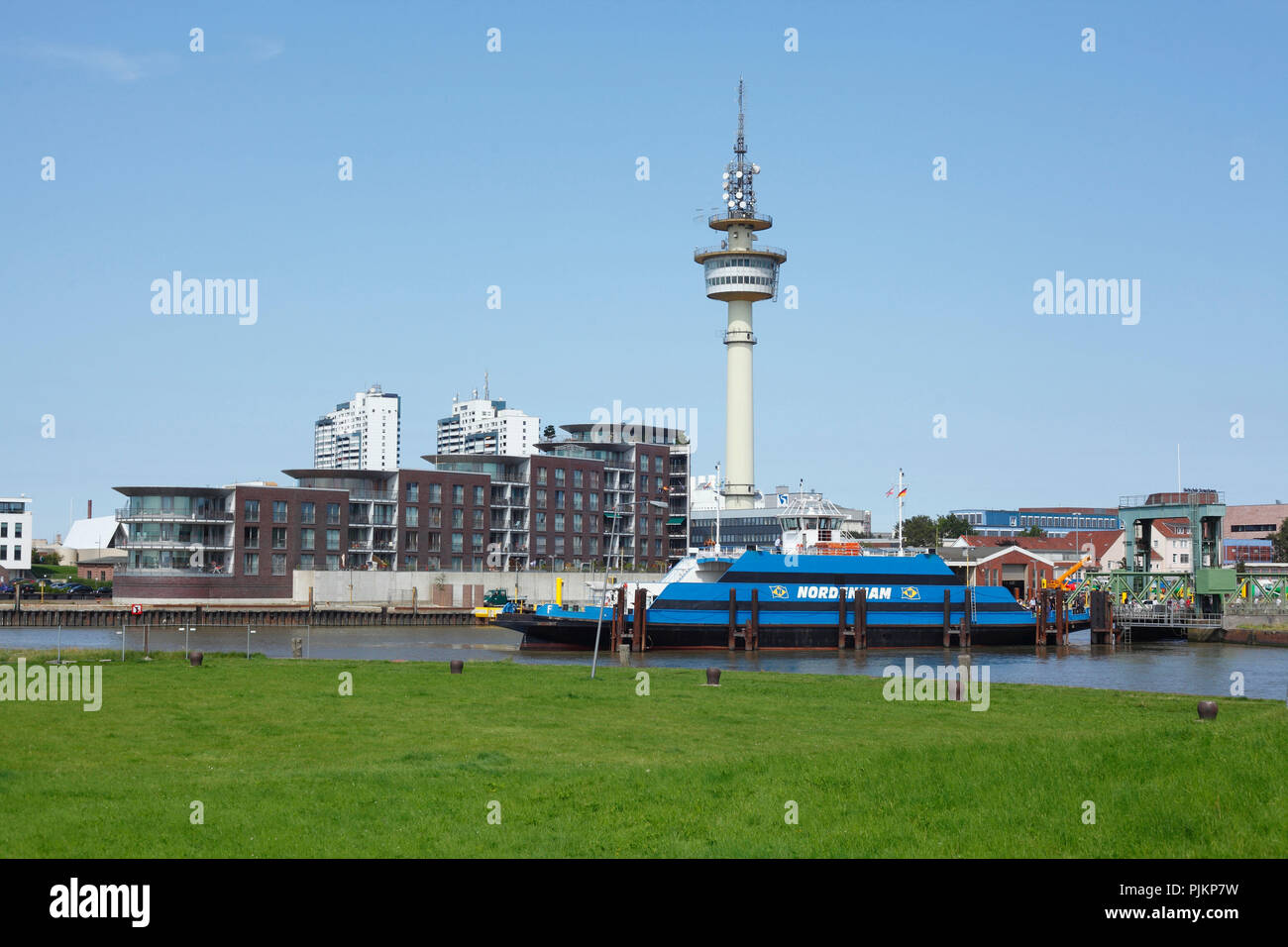Modern architecture, radio tower and car ferry to Nordenham at the Geeste, Bremerhaven, Bremen, Germany, Europe Stock Photo