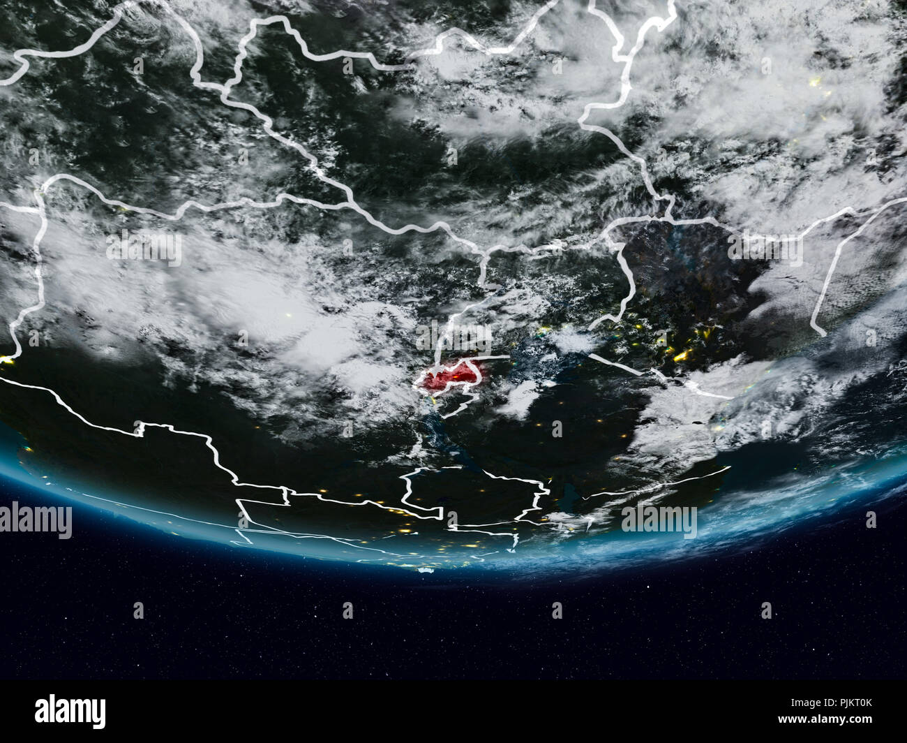 Rwanda on Earth at night with visible country borders. 3D illustration ...