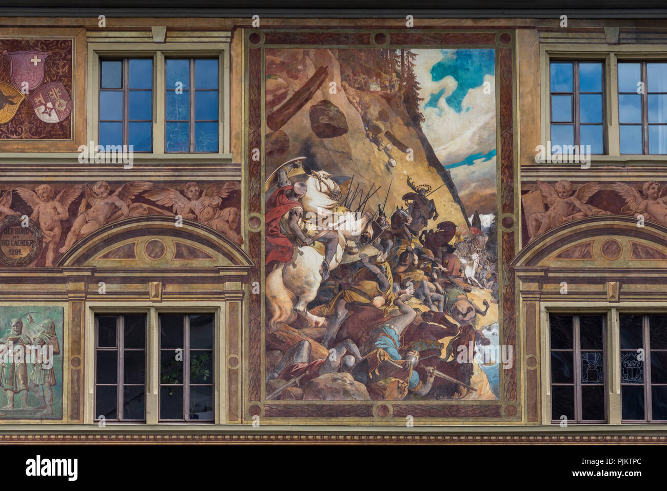Town Hall historicist facade painting by Ferdinand Wagner, main square, Schwyz, Canton Schwyz, Switzerland Stock Photo