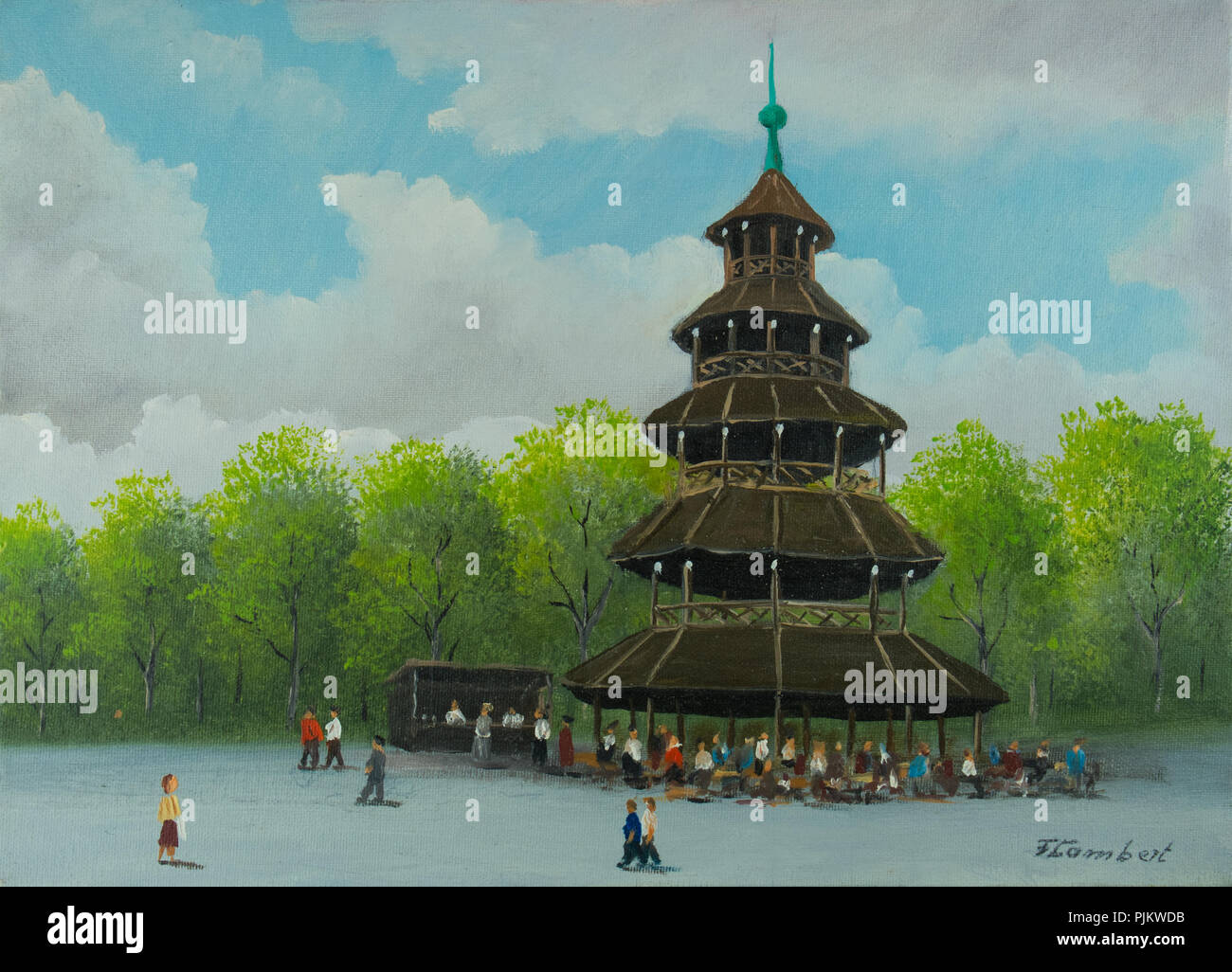 Oil Painting - The Chinese Tower with Beer Garden in the English Garden of Munich Stock Photo