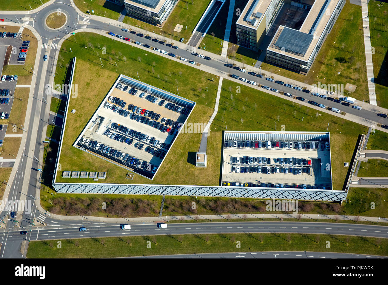 ThyssenKrupp Essen Headquarters with parking garages on the Berthold-Beitz-Boulevard, company car park, Essen, Ruhr area, North Rhine-Westphalia, Germany Stock Photo