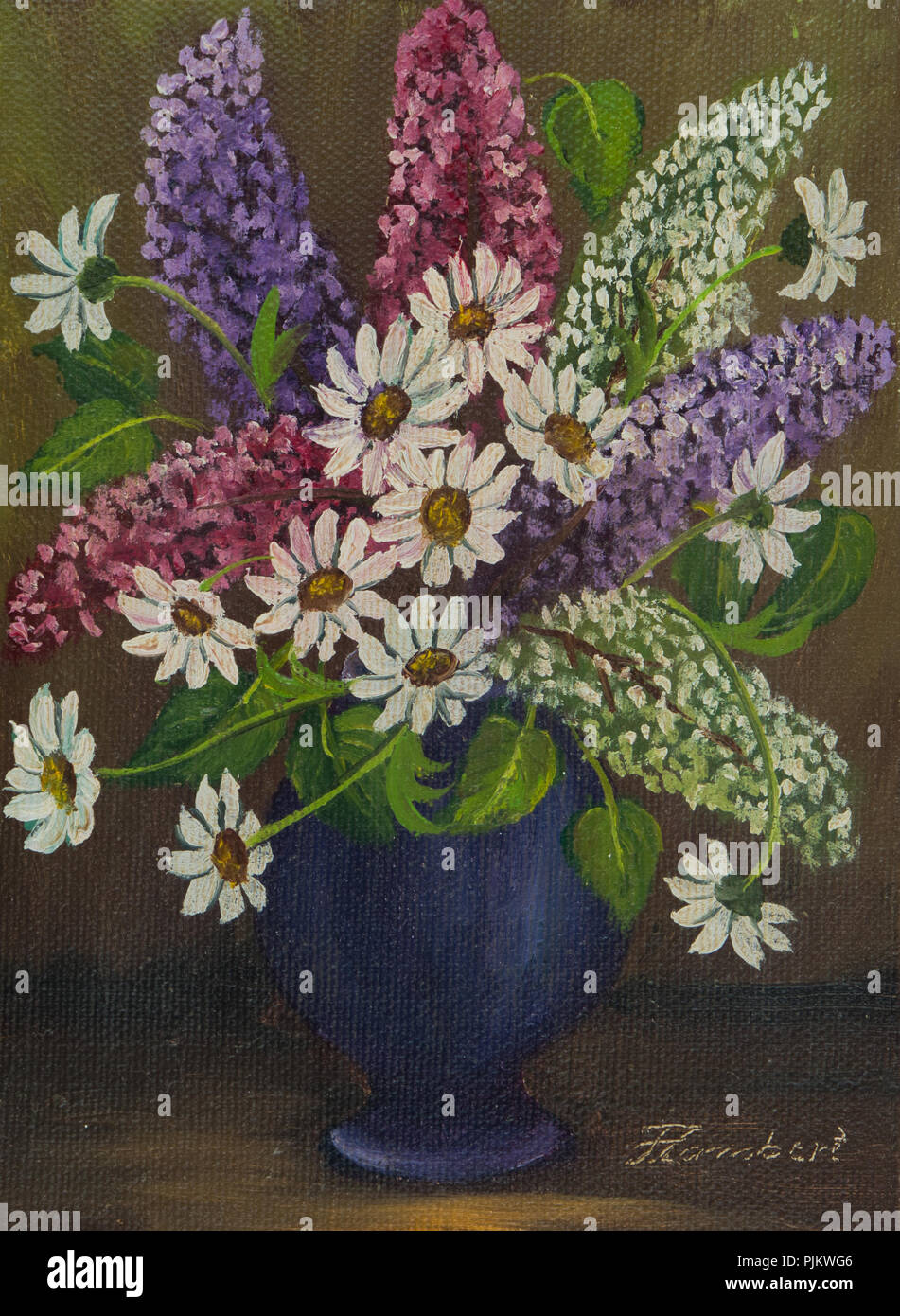 Oil painting of various flowers in an oval blue vase Stock Photo