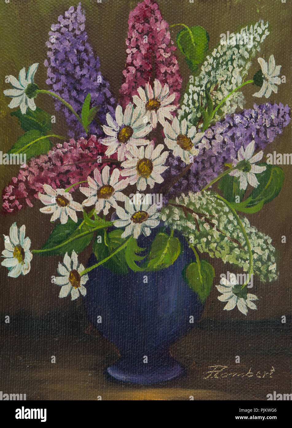 Oil painting of various flowers in an oval blue vase Stock Photo - Alamy