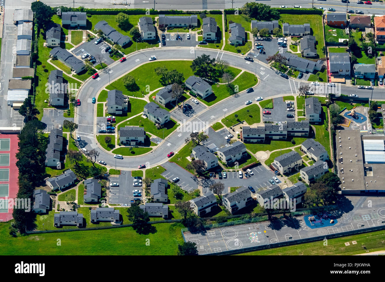 circular housing estate, one-family houses, semi-detached houses, San Jose, San Francisco Bay Area, United States, California, USA Stock Photo