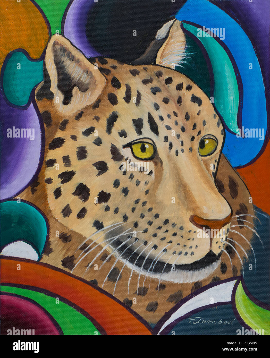 Oil painting of the head of a leopard against a colourful background Stock Photo