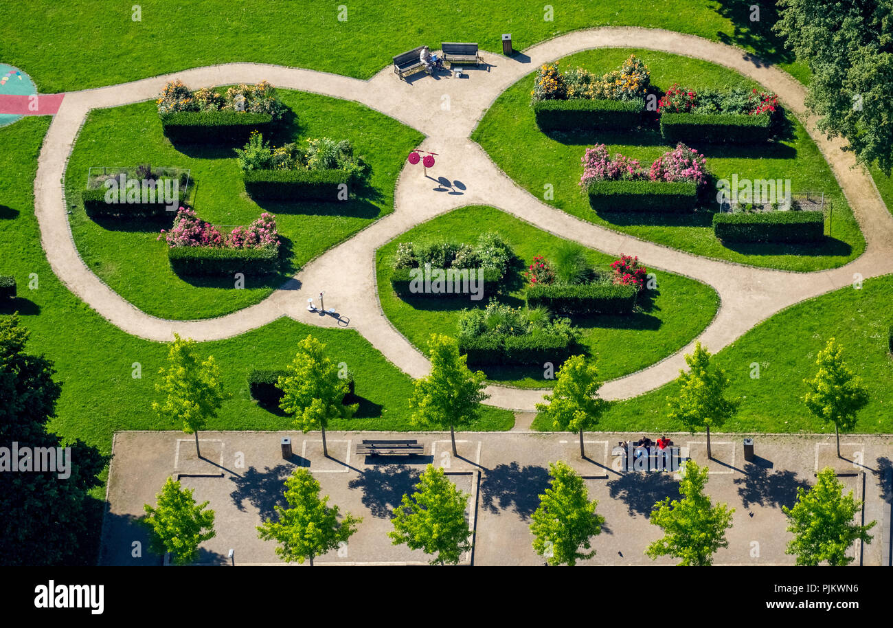 converted park at Springerplatz, pedestrian paths suitable for seniors, hedges and park benches, Arnoldstraße, Bochum, Ruhr area, North Rhine-Westphalia, Germany Stock Photo