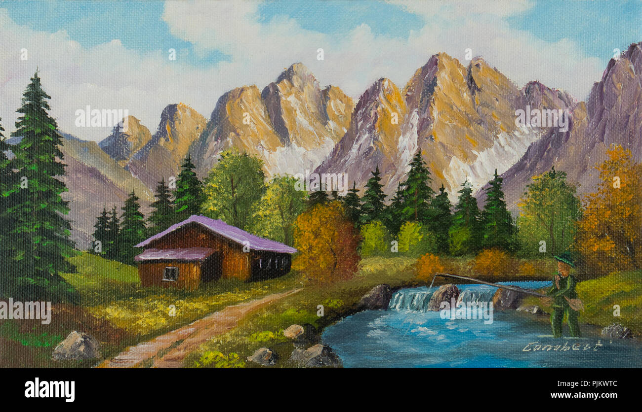 Painting with oil paints from a house in the mountains next to a mountain stream Stock Photo