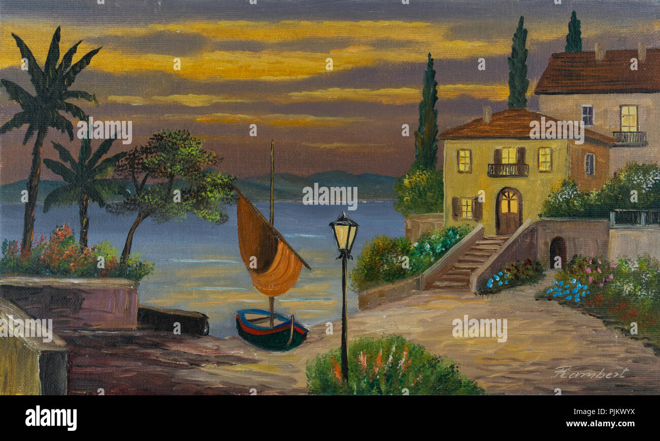 Painting Of A Sailboat And A House By The Lake At Dusk Stock Photo Alamy