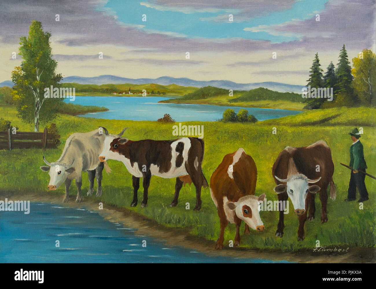 Painting with oil paints of different cows standing to drink at the water Stock Photo