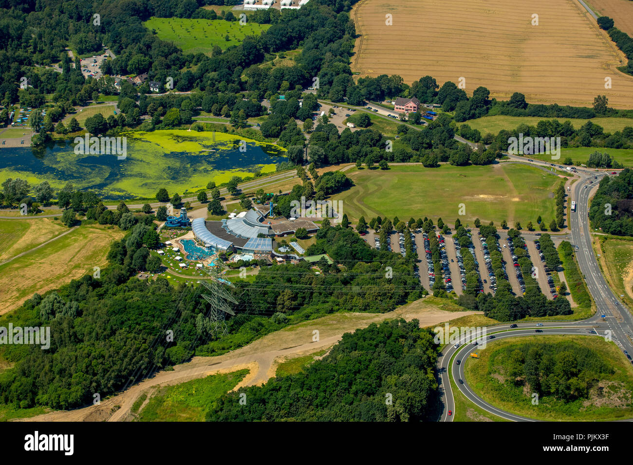 Bochum, waterpark Heveney - the thermal bath in the Ruhr valley - Kemnade leisure center, outdoor pool on the edge of the Kemnade reservoir, Witten, Ruhr area, North Rhine-Westphalia, Germany Stock Photo