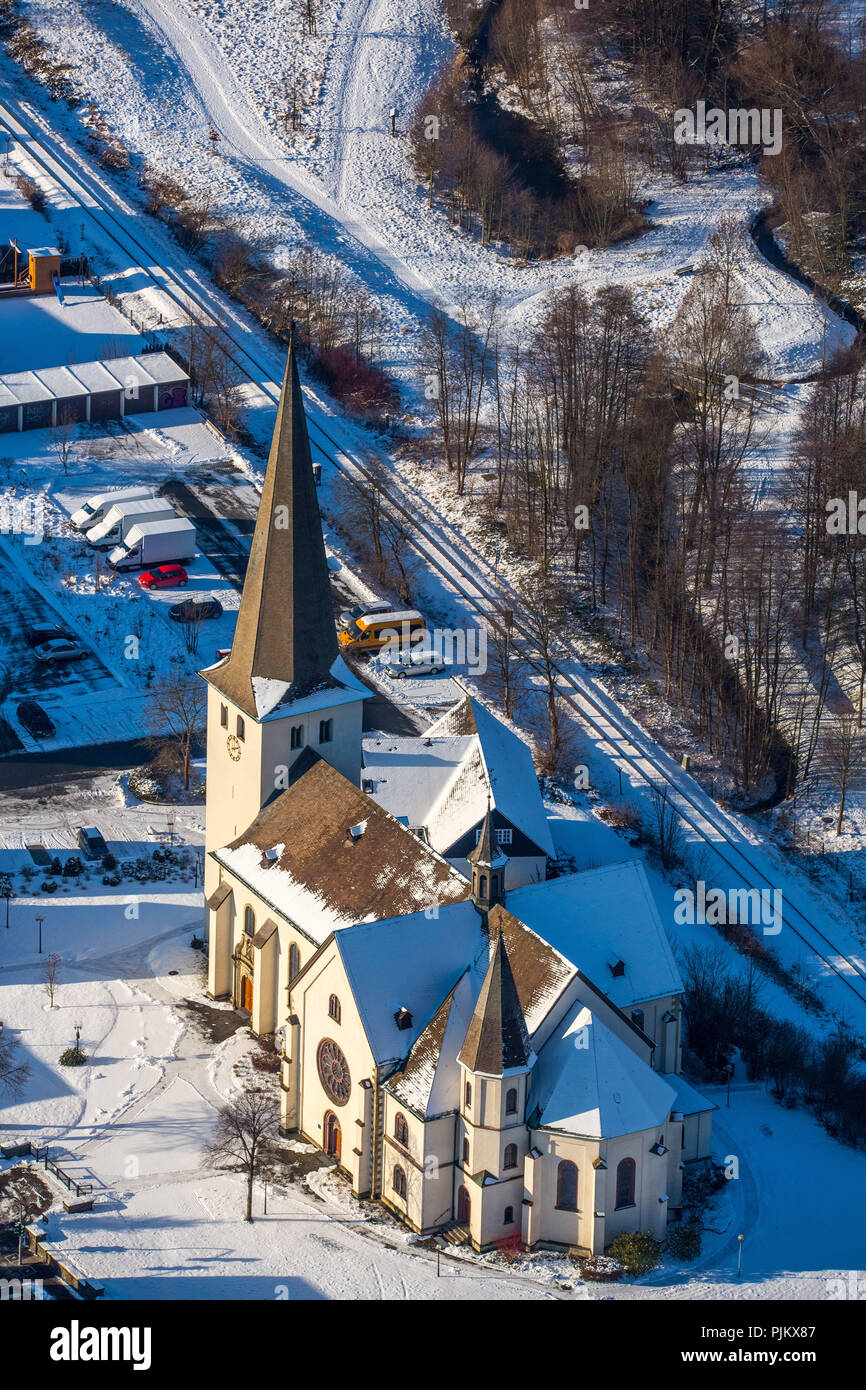 Bigger Church, catholic parish office St.Marien Olsberg, Winter, Snow, Olsberg, Sauerland, North Rhine-Westphalia, Germany Stock Photo