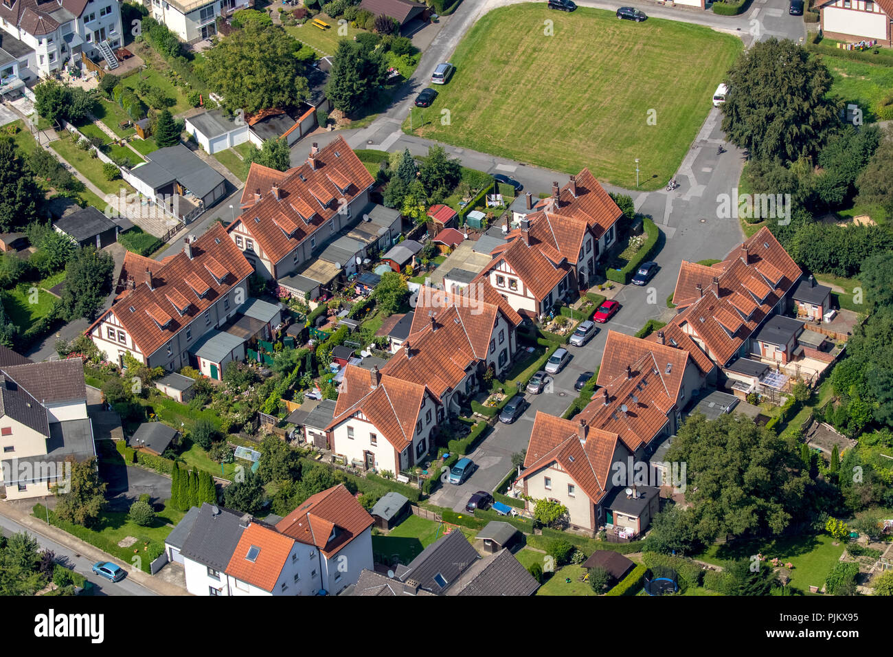 Müsendrei, workers' settlement with 24 semi-detached houses for the workers of the Henrichshütte, brick facades, plaster facades, Hattingen, Ruhr area, North Rhine-Westphalia, Germany Stock Photo