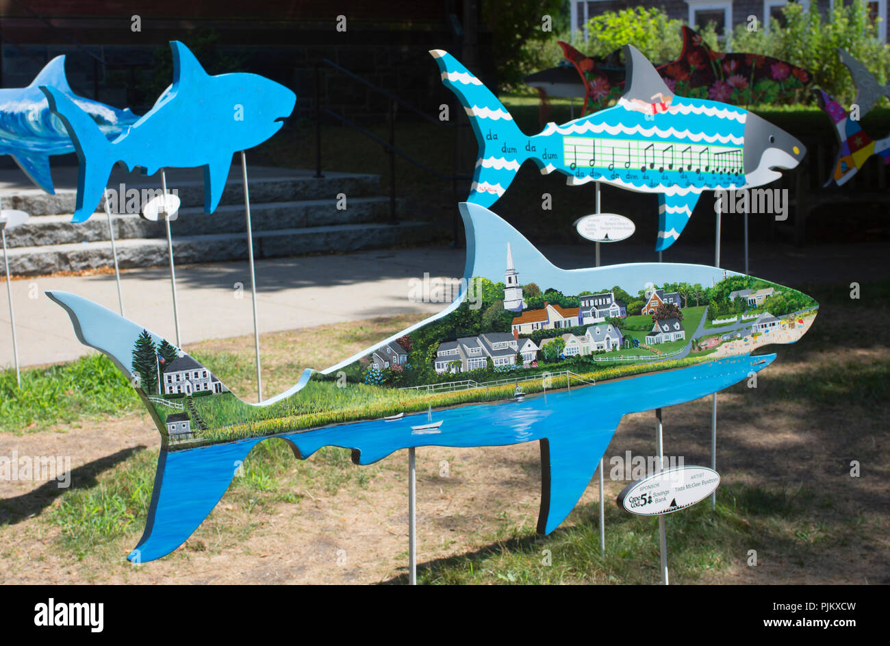 Artists renderings of sharks on display in Chatham, Massachusetts on Cape Cod, USA Stock Photo