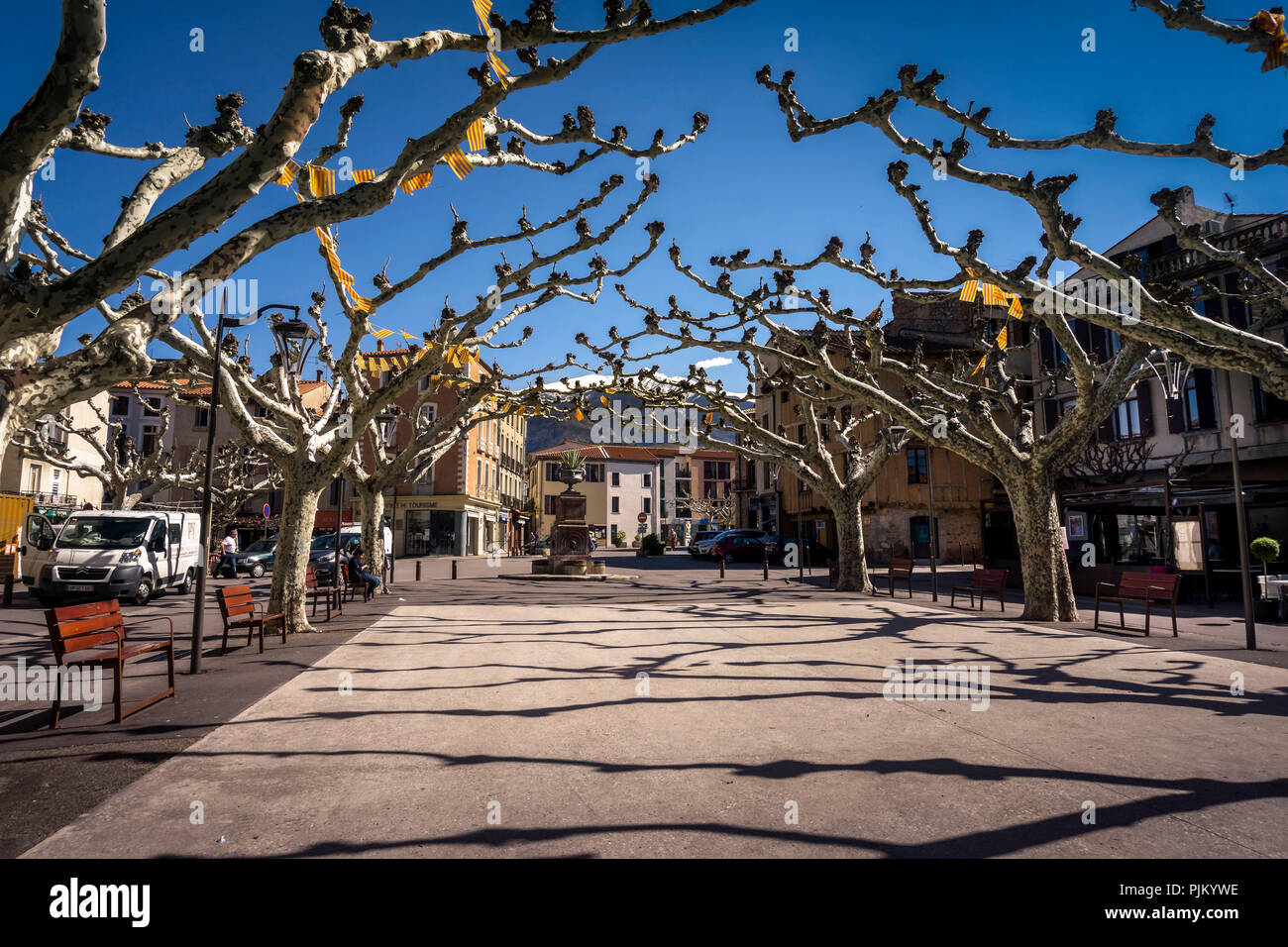 Place de la Republic in Prades in spring and Mount Canigou in the background, Stock Photo