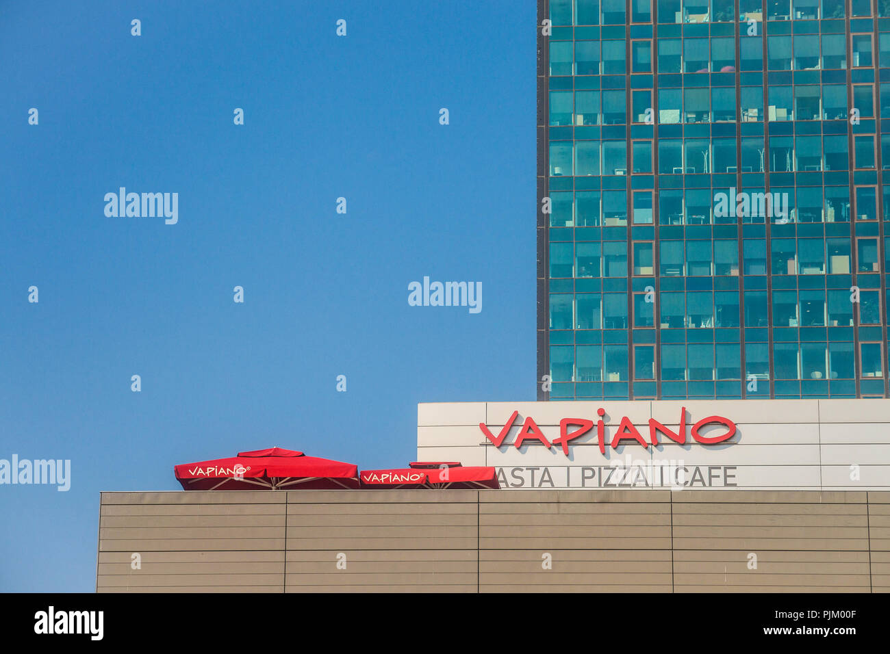BELGRADE, SERBIA - AUGUST 13, 2018: Vapiano logo on their main restaurant for Serbia. Vapiano is a German franchise of Italian restaurants  Picture of Stock Photo