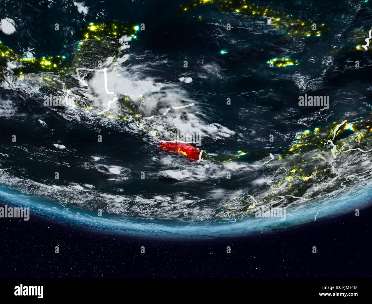 Costa Rica on Earth at night with visible country borders. 3D ...