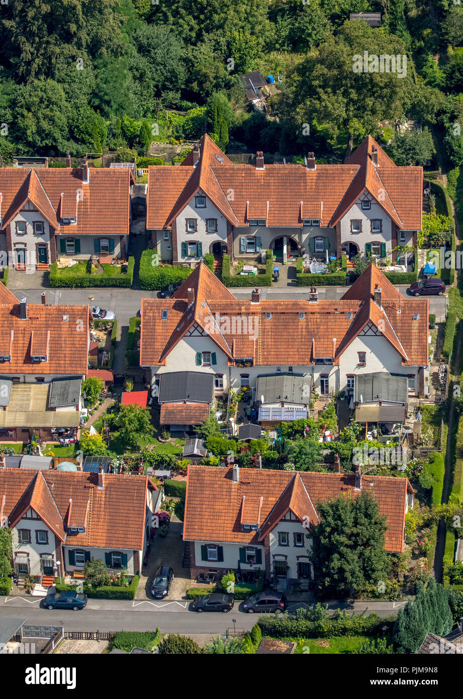 Müsendrei, workers' settlement with 24 semi-detached houses for the workers of the Henrichshütte, brick facades, plaster facades, Hattingen, Ruhr area, North Rhine-Westphalia, Germany Stock Photo