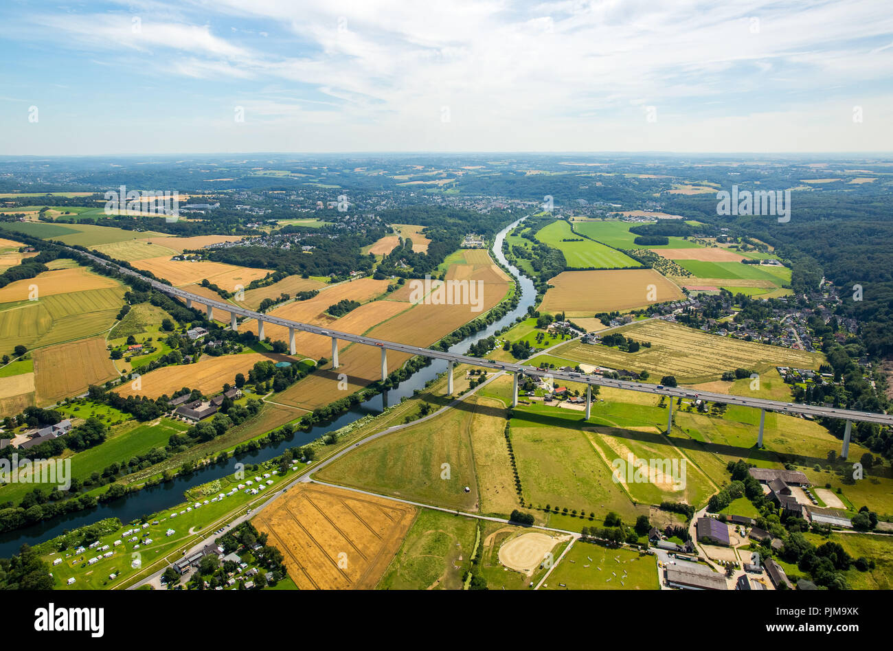 Ruhr valley, Ruhr, Ruhr floodplains on the Mintarder Ruhr bridge, motorway A52, campsites, campsite, Mülheim an der Ruhr, Ruhr area, North Rhine-Westphalia, Germany Stock Photo