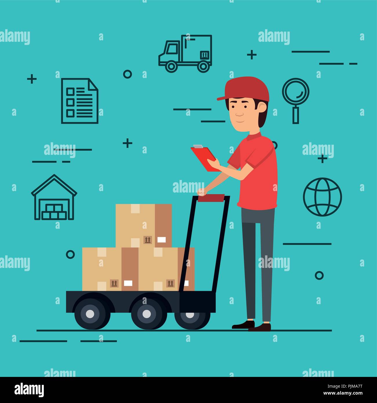 delivery worker with cart boxes character vector illustration design ...