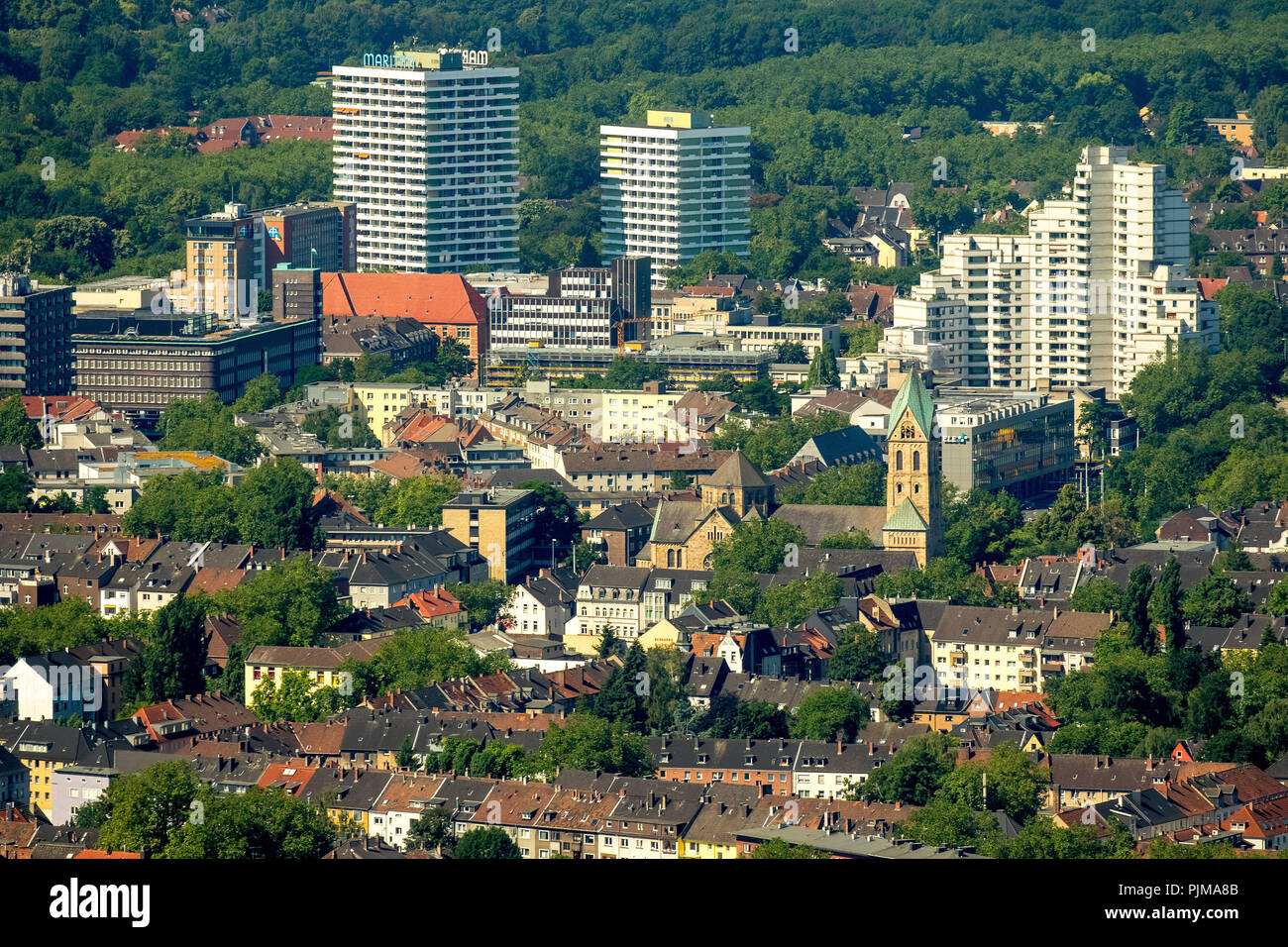 Distant shot of the city center of Gelsenkirchen with Maritim Hotel, view from Bismarck to the city center, Stadtgartenresidenz-Gelsenkirchen Maritim, block of flats Weißer Riese at Fritz-Rahkob-Platz, Gelsenkirchen, Ruhr area, North Rhine-Westphalia, Germany Stock Photo