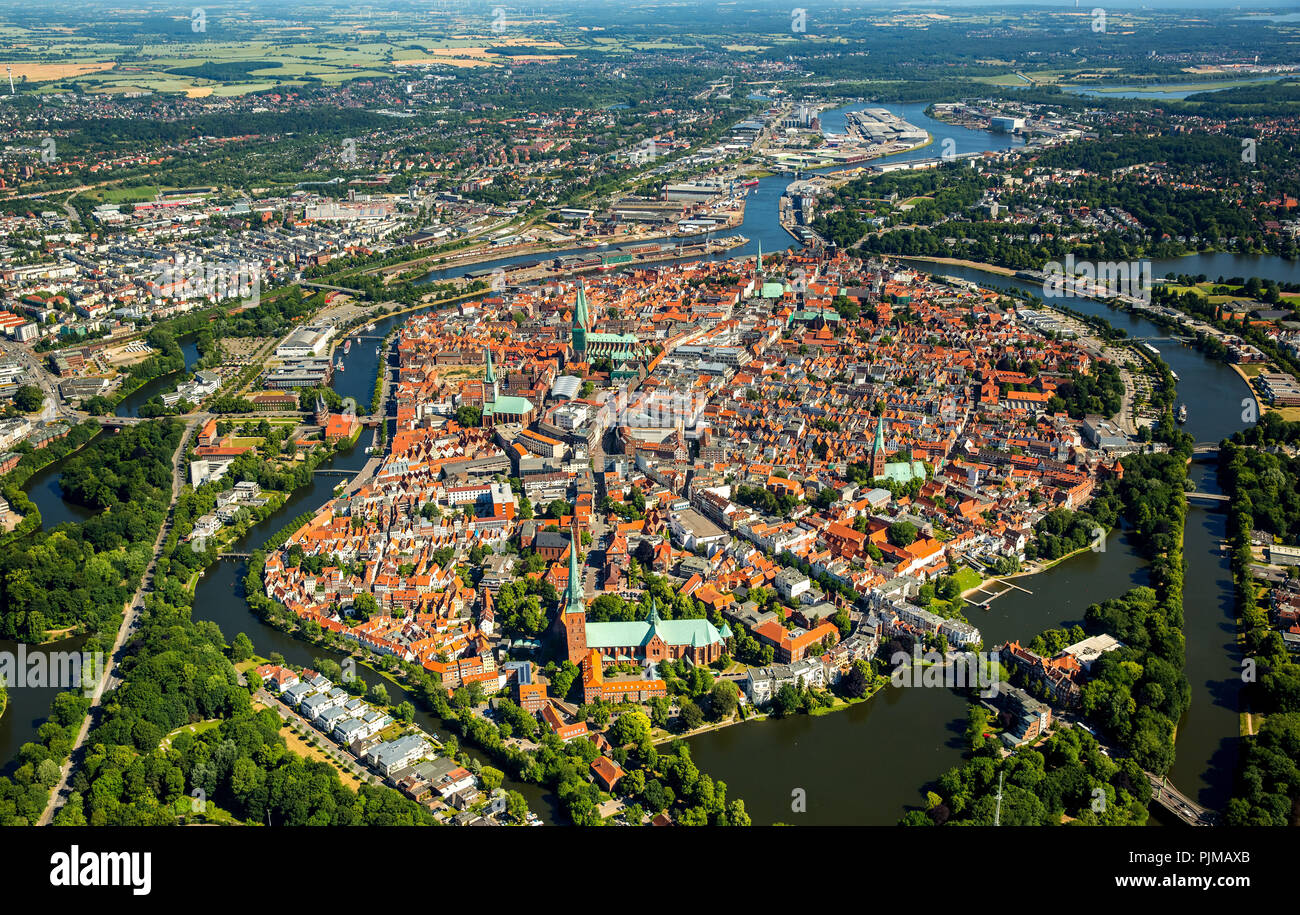 Old town of Lübeck with Trave and Obertrave, Lübeck, Bay of Lübeck, Hanseatic city, Schleswig-Holstein, Germany Stock Photo